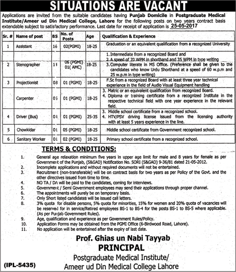 Postgraduate Medical Institute Lahore Jobs May 2017 Ameer ud Din Medical College AMC PGMI Latest