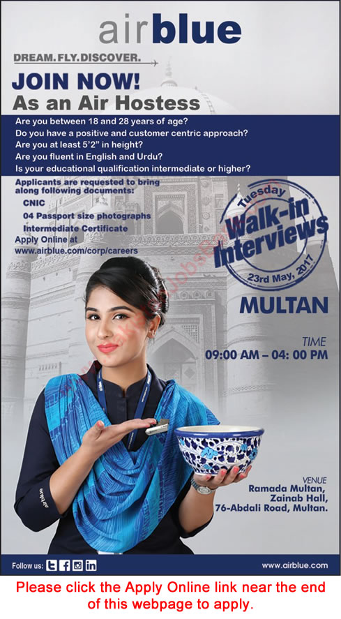 Airhostess Jobs in Air Blue May 2017 Walk in Interviews Latest Advertisement