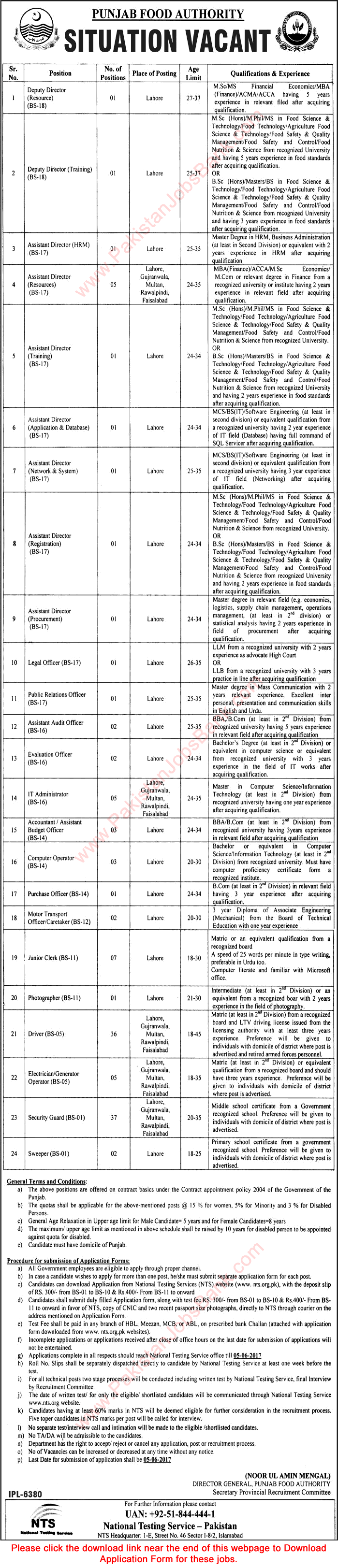 Punjab Food Authority Jobs May 2017 NTS Application Form Drivers, Security Guards, Clerks & Others Latest