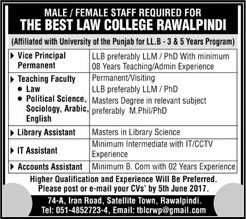 The Best Law College Rawalpindi Jobs 2017 May Teaching Faculty, Library Assistant & Others Latest