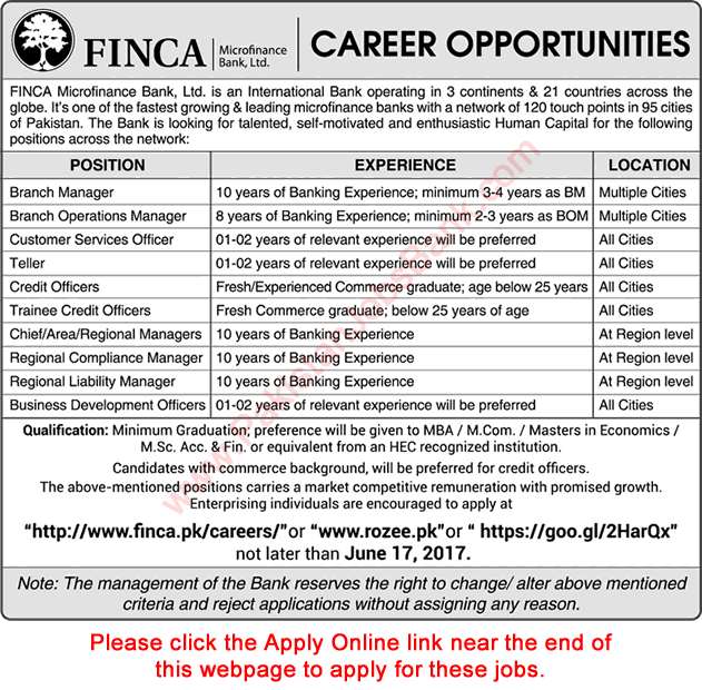 FINCA Microfinance Bank Pakistan Jobs 2017 May / June Apply Online Teller, Credit Officers & Others Latest