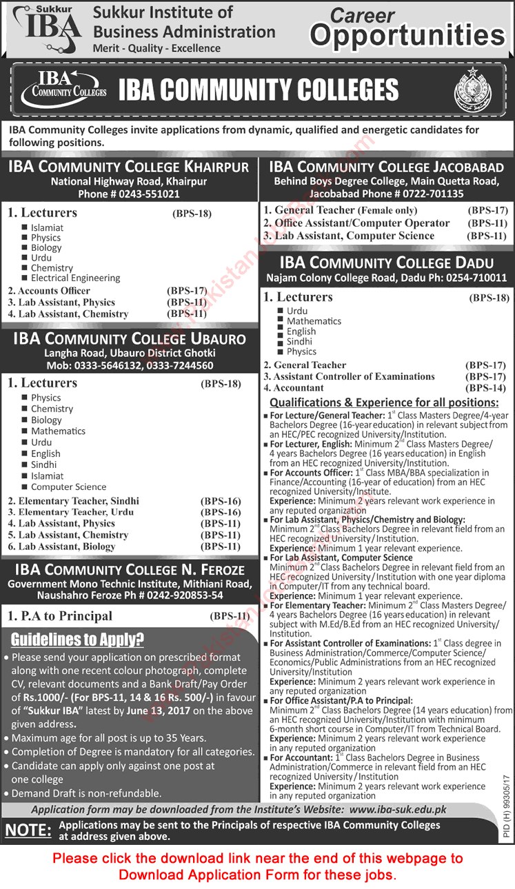 IBA Community Colleges Jobs 2017 May / June Sindh Application Form Teaching Faculty & Others Latest
