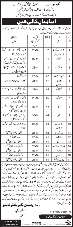 Education Department Sukkur Jobs 2017 June Computer Operator, Lab Attendants & Others Latest