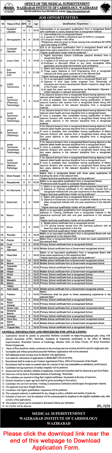 Wazirabad Institute of Cardiology Jobs June 2017 Application Form Computer Operators, Receptionists & Others Latest