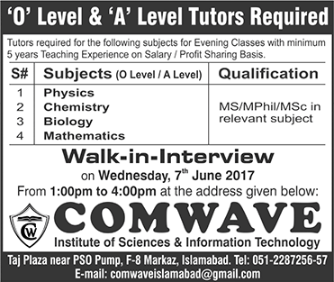 Comwave Institute Islamabad Jobs 2017 June for Techers / Tutors Walk in Interview Latest