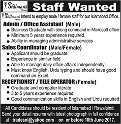 Stillman's Pakistan Jobs 2017 June Admin / Office Assistants, Sales Coordinator & Receptionist Latest