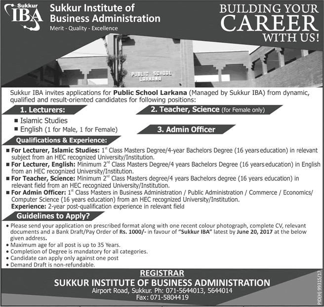 IBA Sukkur Jobs June 2017 Teachers, Lecturers & Admin Officer at Public School Larkana Latest