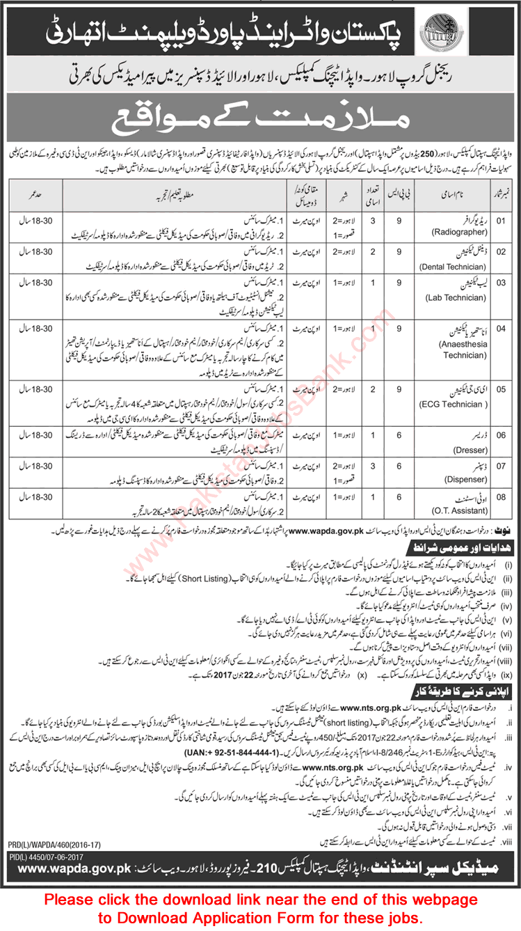 WAPDA Teaching Hospital Lahore & Allied Dispensaries Jobs 2017 June NTS Application Form Download Latest