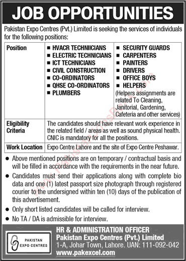 Pakistan Expo Center Lahore & Peshawar Jobs June 2017 Technicians & Others Latest