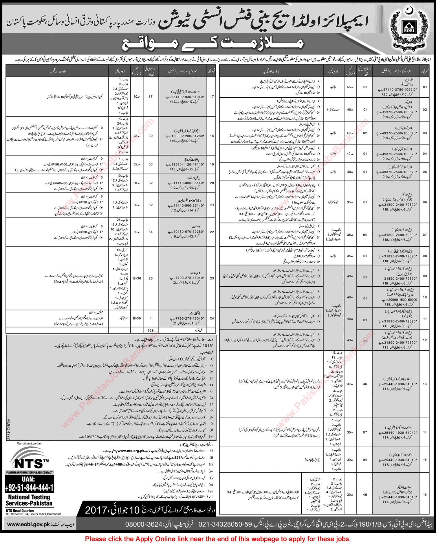 EOBI Jobs 2017 June NTS Online Application Form Employees Old Age Benefits Institutions Latest