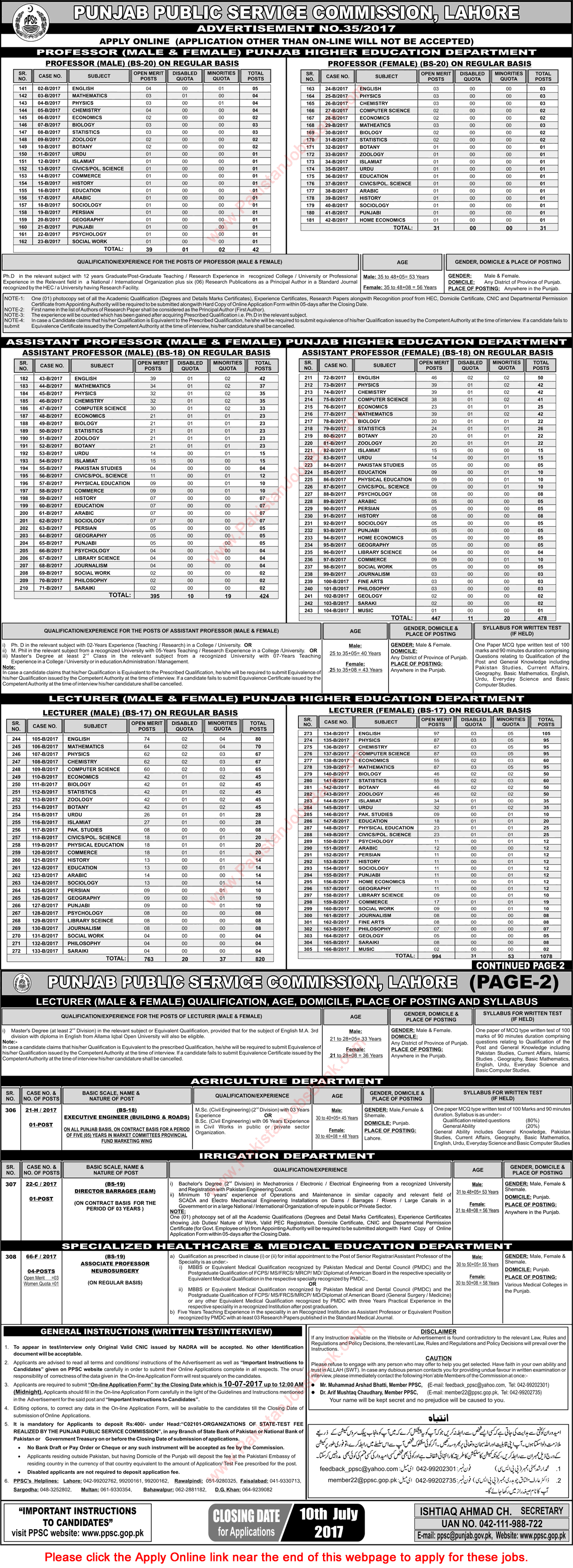 Punjab Higher Education Department Jobs June 2017 PPSC Apply Online Assistant / Professors & Lecturers Latest