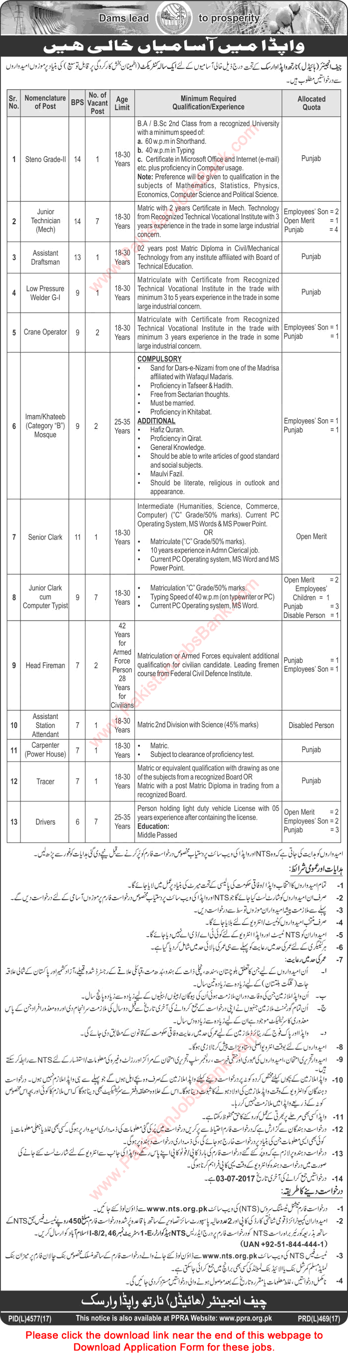 WAPDA Jobs June 2017 Warsak NTS Application Form Water and Power Development Authority Latest