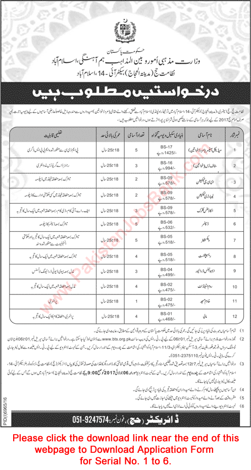 Directorate of Hajj Islamabad Jobs 2017 June BTS Application Form at Hajj Dispensary Madina Tul Hujjaj Latest