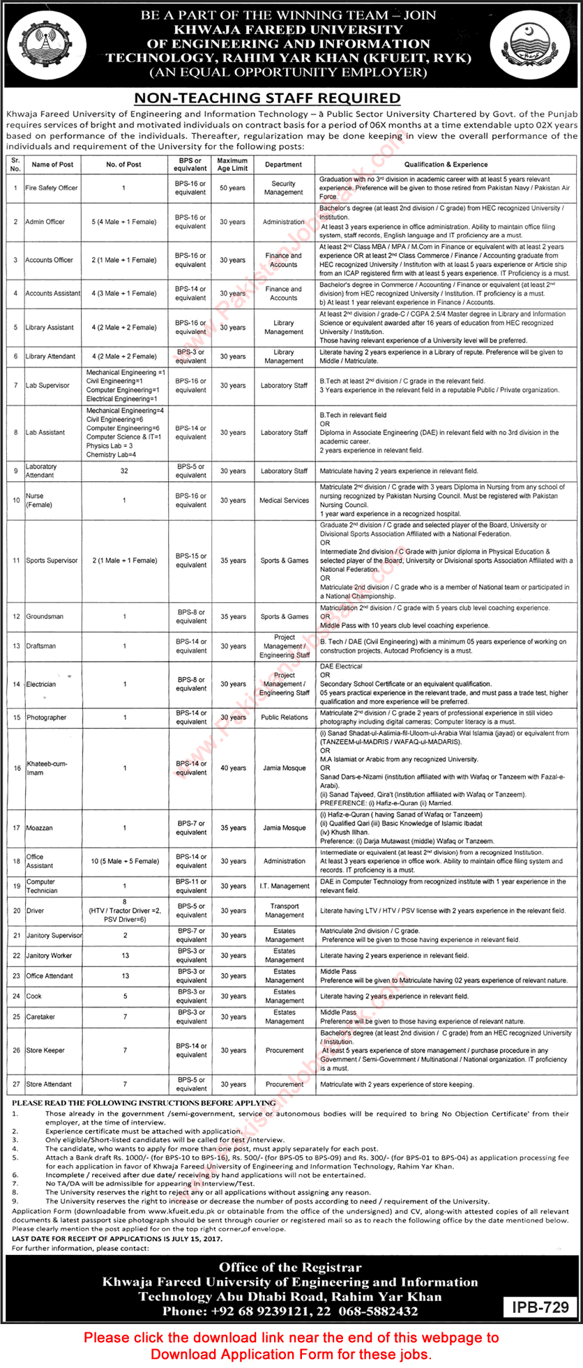 Khawaja Fareed University Rahim Yar Khan Jobs 2017 June KFUEIT Application Form Download Latest