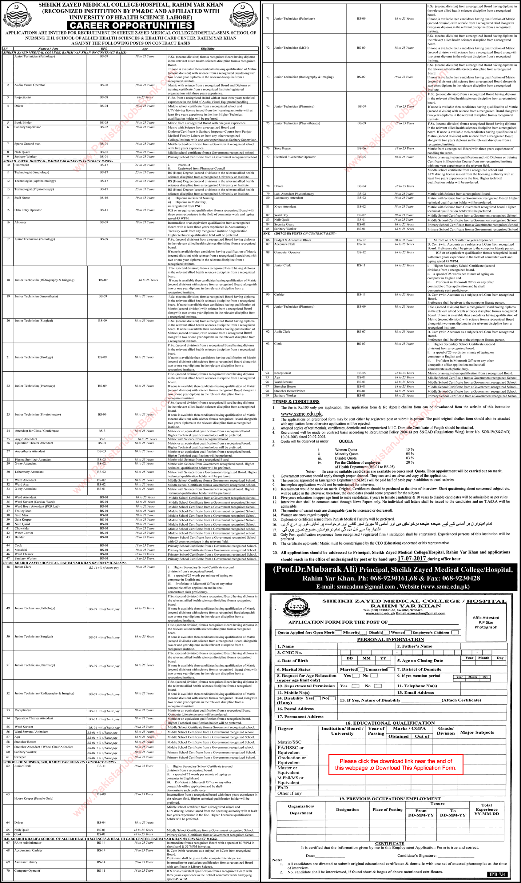 Sheikh Zayed Medical College / Hospital Rahim Yar Khan Jobs June 2017 Application Form Download Latest