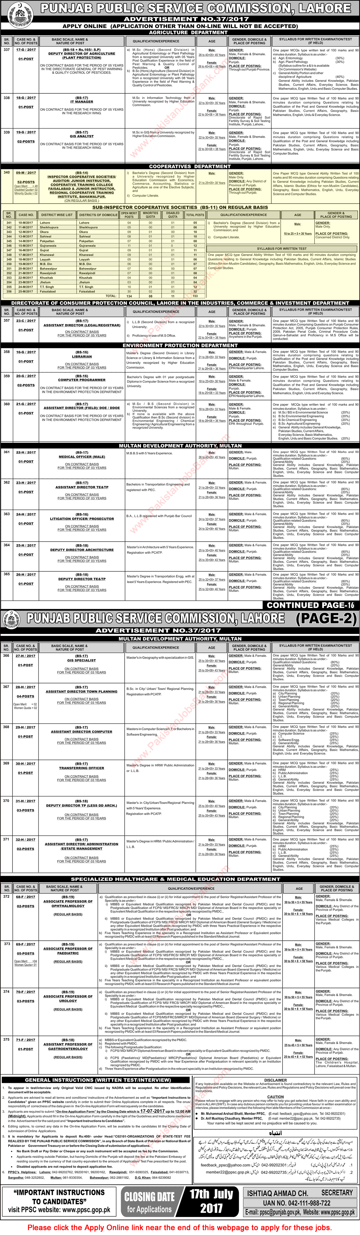 Cooperative Department Punjab Jobs 2017 June Sub Inspectors & Instructors PPSC Apply Online Latest