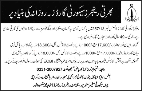 Rangers Security Guards Karachi Jobs July 2017 Ex/Retired Army Personnel Latest