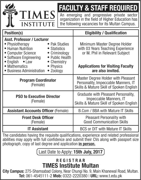 Times Institute Multan Jobs July 2017 Teaching Faculty & Others Latest
