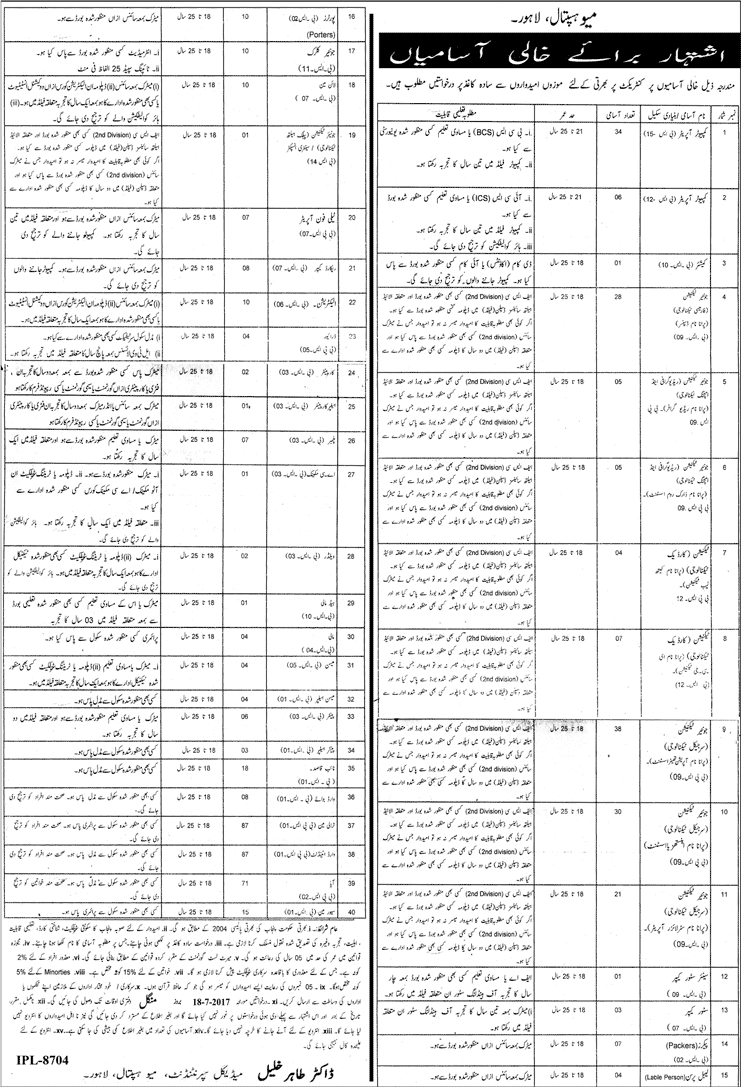 Mayo Hospital Lahore Jobs July 2017 Computer Operators, Ward Attendants, Trolley Man & Others Latest
