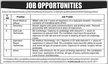 Kulsum International Hospital Islamabad Jobs July 2017 Medical Officer, Technicians & Others Latest