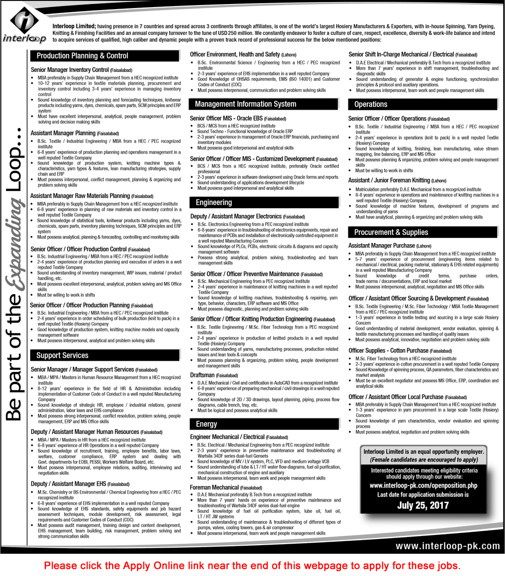 Interloop Jobs July 2017 Apply Online Officers, Managers, Engineers & Others Latest