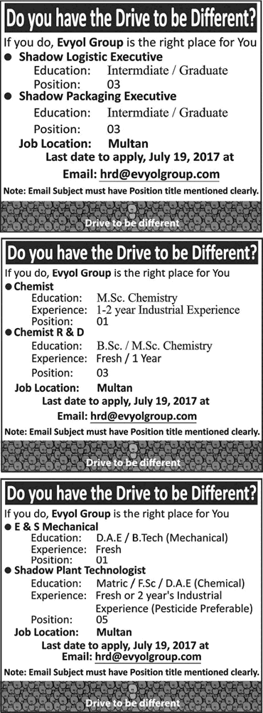 Enyol Group Pakistan Jobs 2017 July Multan Logistic / Packaging Executives, Chemist & Others Latest