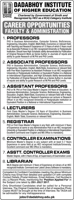 Dadabhoy Institute of Higher Education Karachi Jobs 2017 July Teaching Faculty & Others DIHE Latest