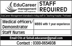 Edu Career Management Peshawar Jobs 2017 July Medical Officers / Demonstrators & Nurses Latest