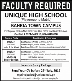 Teaching Jobs in Unique High School Bahria Town Campus Lahore 2017 July Latest