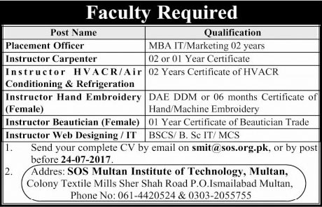 SOS Multan Institute of Technology Jobs July 2017 Instructors & Placement Officer Latest