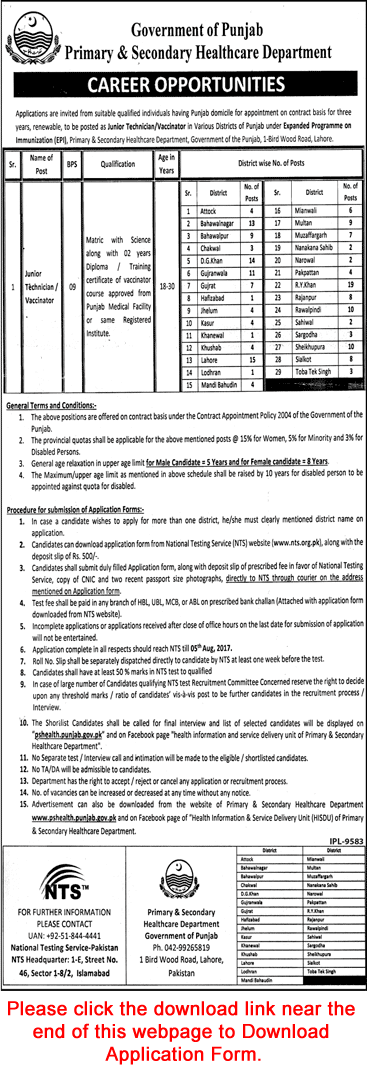 Vaccinator Jobs in Primary and Secondary Healthcare Department Punjab July 2017 NTS Application Form Latest