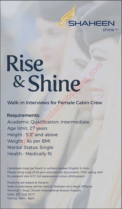 Air Hostess Jobs in Shaheen Air July 2017 Female Cabin Crew Walk in Interviews Latest