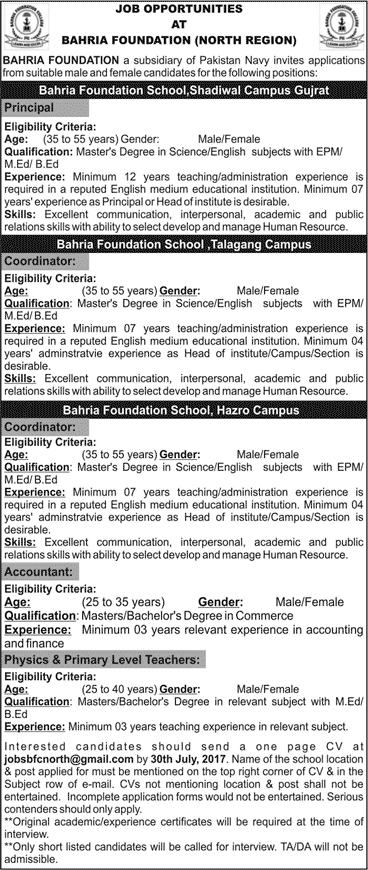 Bahria Foundation Schools Jobs July 2017 Teachers, Coordinators & Others Latest