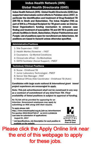 Indus Hospital Karachi Jobs July 2017 Apply Online IHN GHD Admin, Technical & Clinical Staff Latest