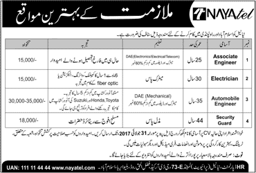 Nayatel Islamabad Jobs July 2017 Rawalpindi Associate / Auto Mobile Engineers, Electrician & Security Guard Latest