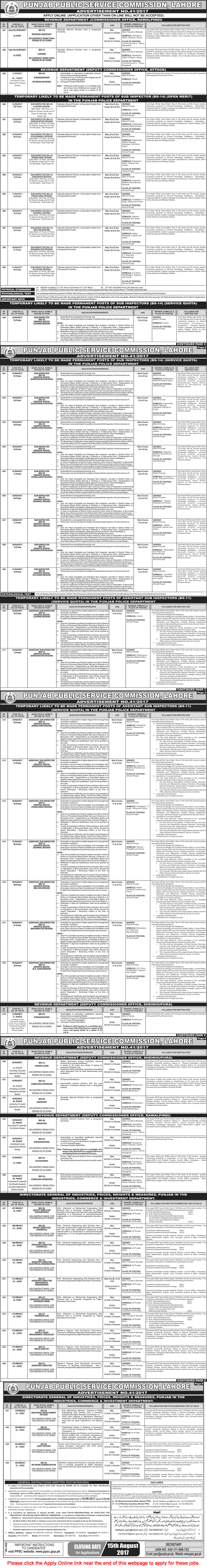 PPSC Jobs July 2017 August Apply Online Consolidated Advertisement No 41/2017 Latest