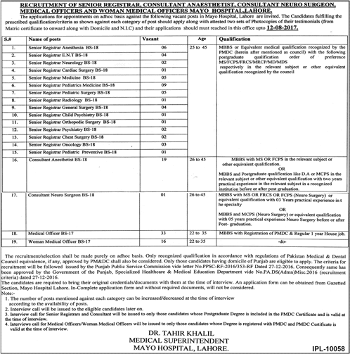 Mayo Hospital Lahore Jobs August 2017 Medical Officers, Consultants & Senior Registrars Latest