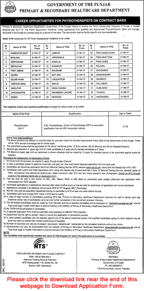 Physiotherapist Jobs in Primary and Secondary Healthcare Department Punjab August 2017 NTS Application Form Latest