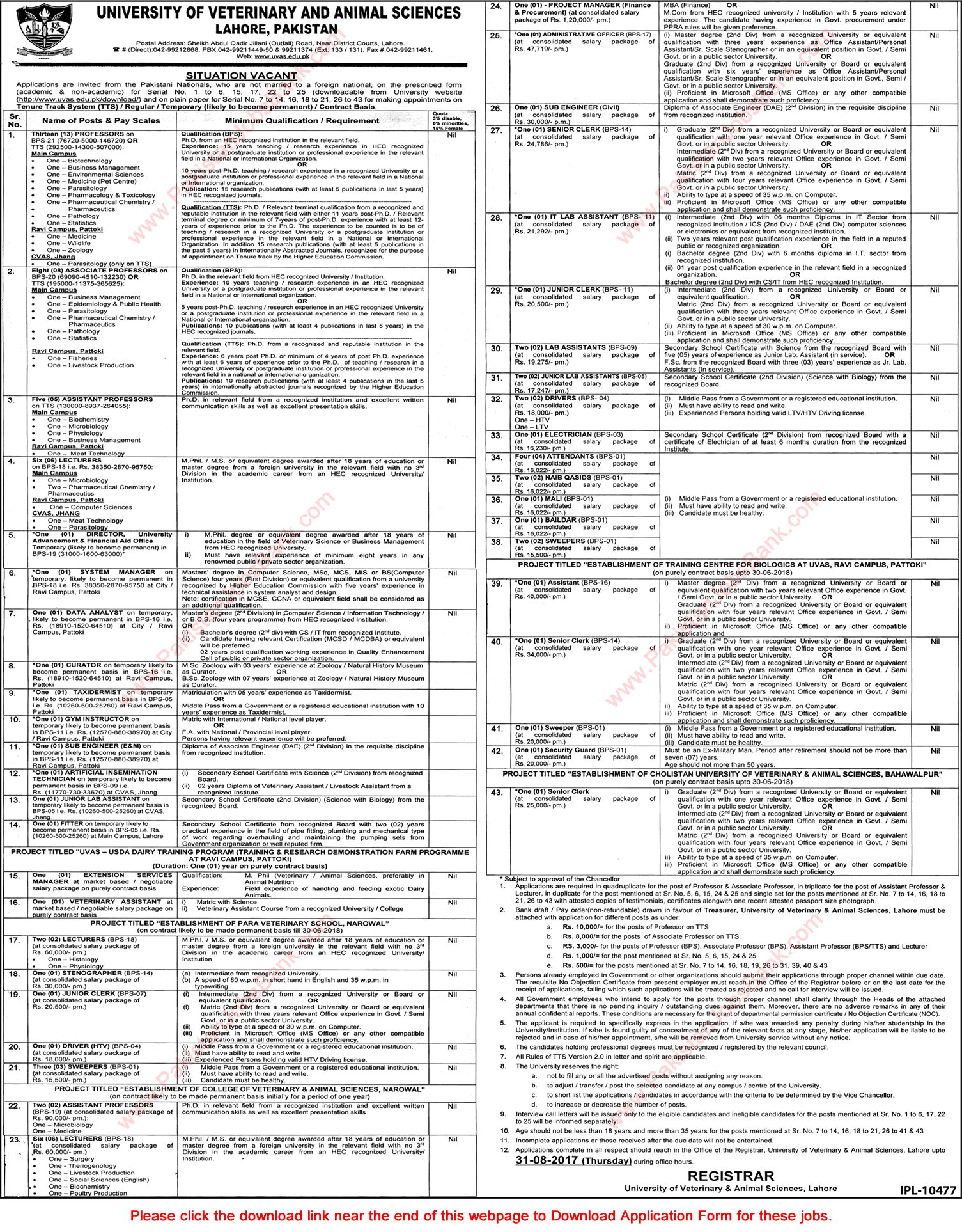 University of Veterinary and Animal Science Lahore Jobs August 2017 Application Form Teaching Faculty & Others Latest