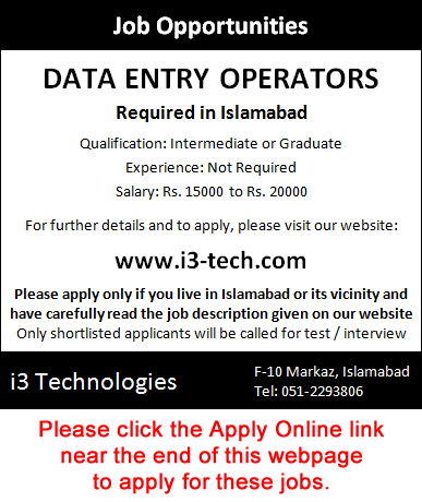 Data Entry Operator Jobs in Islamabad August 2017 DEO at i3 Technologies Apply Online Latest
