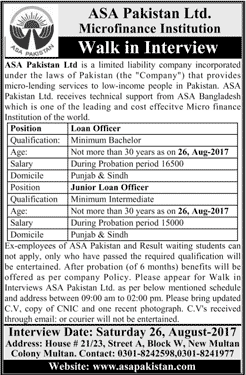 Loan Officer Jobs in ASA Pakistan August 2017 Walk in Interview Microfinance Institution Latest