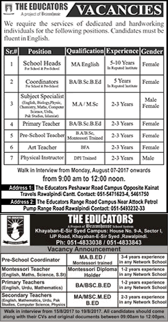 The Educators School Rawalpindi Jobs August 2017 Walk in Interview Teacher, Coordinators & School Heads Latest