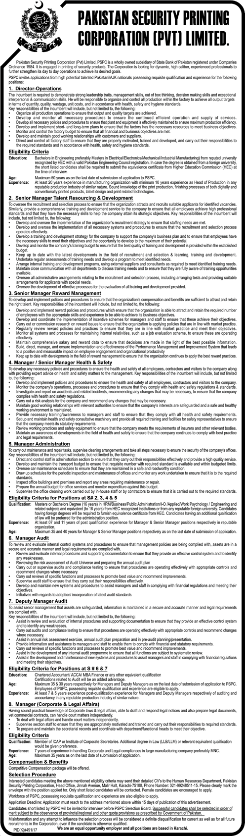 Pakistan Security Printing Corporation Jobs 2017 August Managers & Operations Director Latest