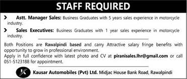 Kausar Automobiles Pvt Ltd Rawalpindi Jobs August 2017 Sales Executives & Assistant Manager Sales Latest