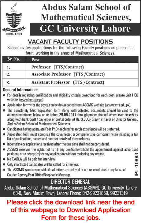 Abdus Salam School of Mathematical Sciences Lahore Jobs 2017 August Application Form Teaching Faculty GC University Latest