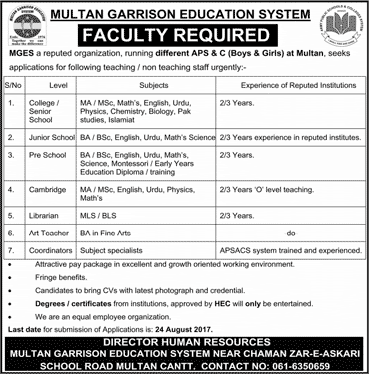 Multan Garrison Education System Jobs 2017 August Teachers & Others MGES Latest