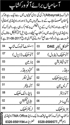 Albayrak Workshop Rawalpindi Jobs 2017 August Auto Mechanics, Electrician, Welders & Others Latest