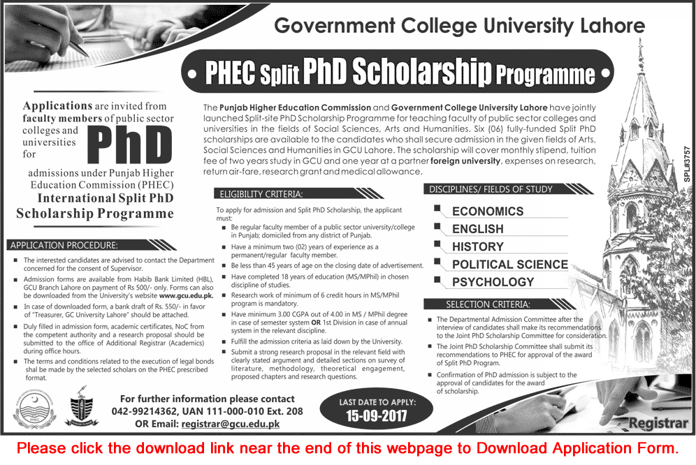 GC University Lahore PHEC Split PhD Scholarship Program 2017 August Application Form Download Latest