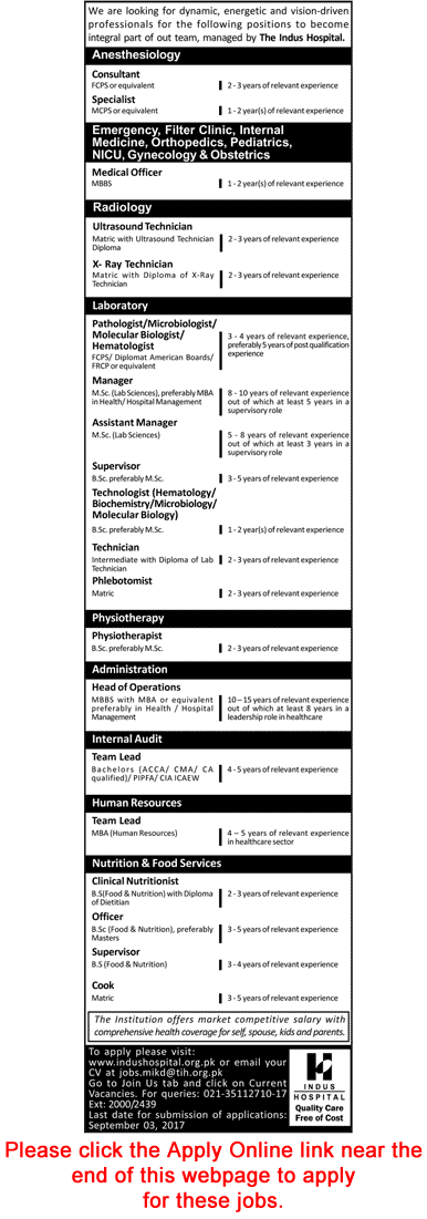 Indus Hospital Karachi Jobs August 2017 Apply Online Medical Officers, Technicians & Others Latest