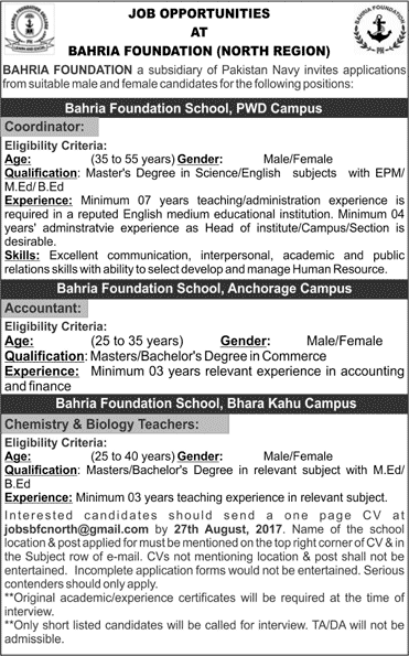 Bahria Foundation Schools Rawalpindi Jobs August 2017 Teachers, Accountants & Coordinators Latest